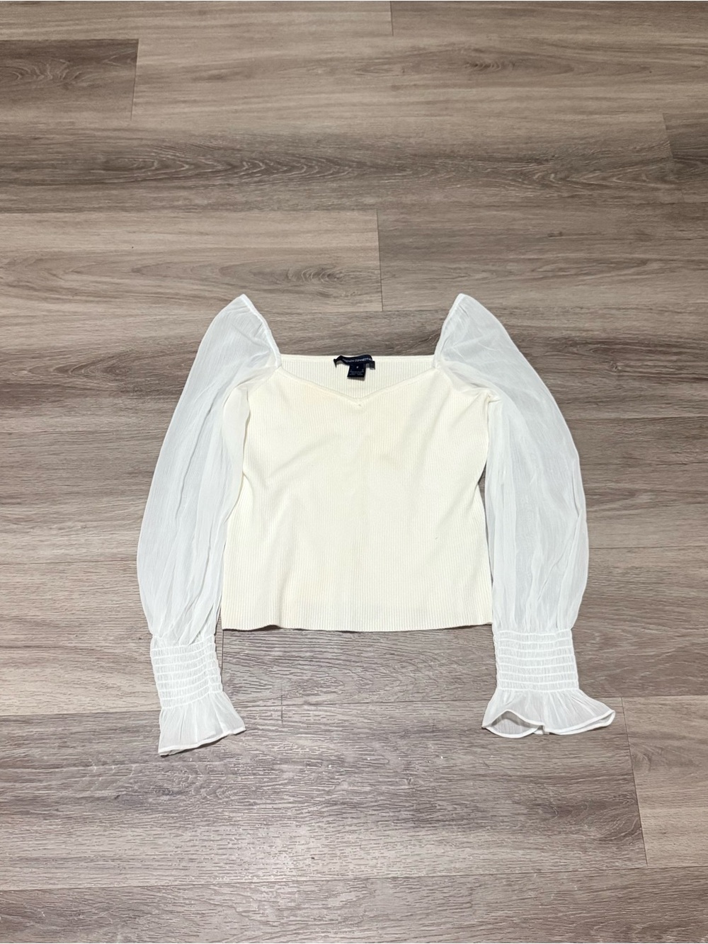 French Connection White Puff-Sleeve Knit Blouse